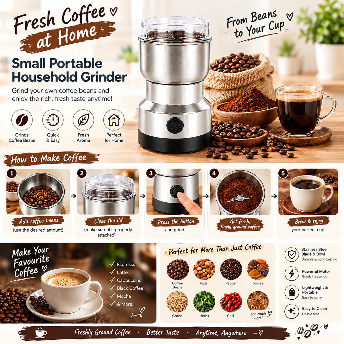 ☕ Portable Coffee & Spice Grinder – Freshly Ground in Seconds! 🌶️✨